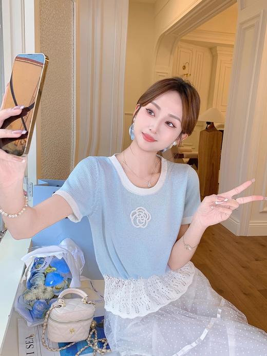 张心子【仲夏山茶】春夏蕾丝小香风弹力针织衫上衣 U2503058 商品图3