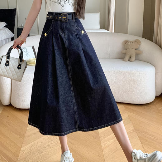 雀说实拍腰带收腰A字裙复古高腰设计感女显瘦牛仔半身裙AL 商品图5