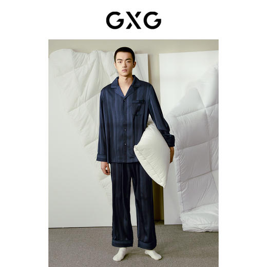 GXG男装 男士长袖家居服条纹缎面冰丝感情侣睡衣套装2024春夏热卖 商品图2