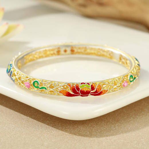 Winy足银莲花镂空描金手镯 重约27±1g 配证书 商品图1