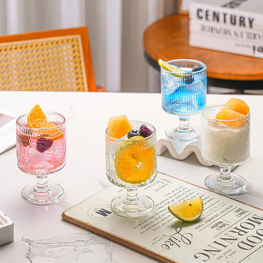 「19.9到手4只！ins风高颜值」高脚玻璃杯网红果汁杯 ins竖纹杯子高颜值混合花纹红酒杯水杯餐饮用具 商品图2