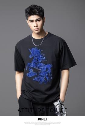 PINLI品立2025夏季新款男士天马烫钻圆领短袖T恤上衣BG252111033