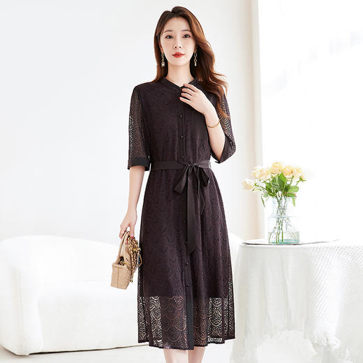 QS-82599222非遗绣花中式国风小立领桑蚕丝连衣裙夏优雅显瘦真丝中长裙子9222 商品图0