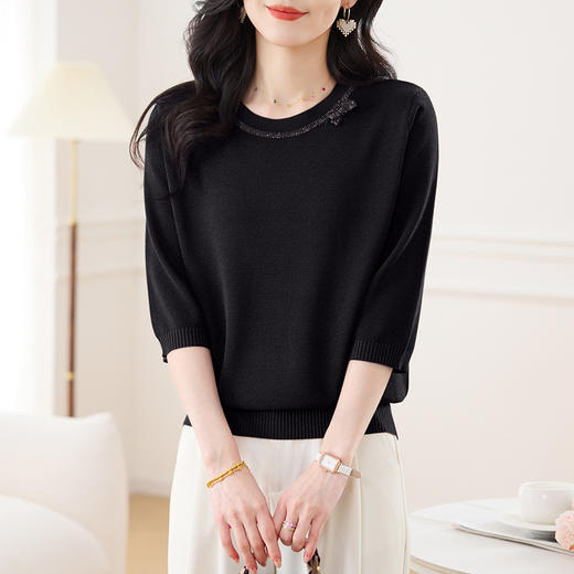 CC-17-2555圆领五分袖冰丝针织t恤女2025新款春夏薄款小衫妈妈中袖打底上衣 商品图1