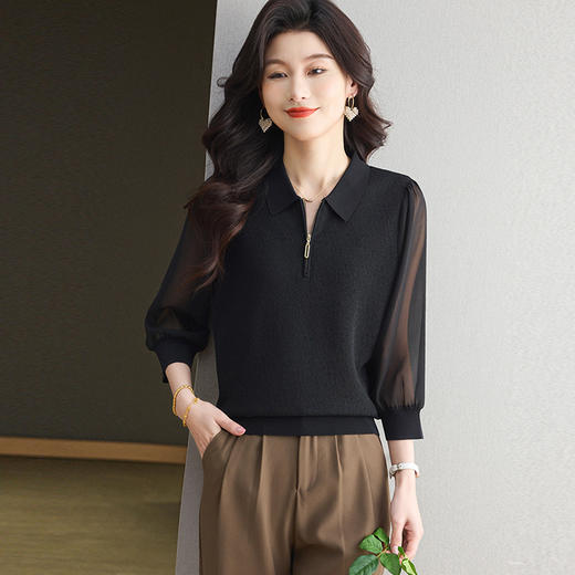 CC-ML-2589早春拼接七分蝙蝠袖t恤女2025春季新款娃娃领薄款针织衫宽松上衣 商品图1