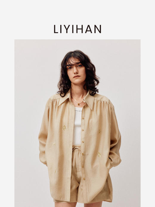 LIYIHAN清月鹊| 25夏新款天丝宽肩小花刺绣衬衫长袖宽松休闲百搭 商品图0