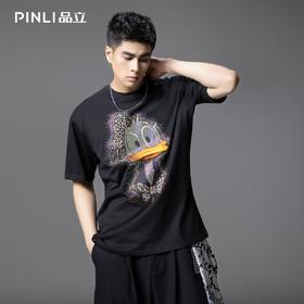 PINLI品立2025夏季新款男士唐老鸭烫画烫钻圆领短袖T恤潮牌上衣BG252111034