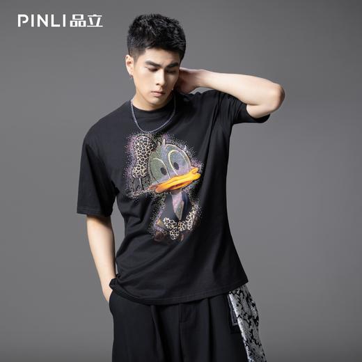 PINLI品立2025夏季新款男士唐老鸭烫画烫钻圆领短袖T恤潮牌上衣BG252111034 商品图0