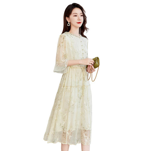 QS-82599502洛水云裳丝绸品牌桑蚕丝国风刺绣高端V领真丝连衣裙春夏9502 商品图4