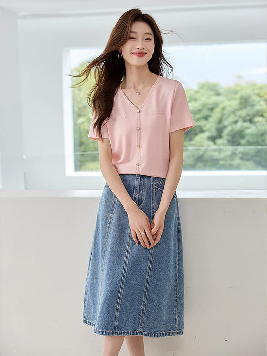 【专属特价】熙世界小香风织带针织T恤女短袖2025夏季新款气质时髦紫色V领上衣母亲节首选 商品图2