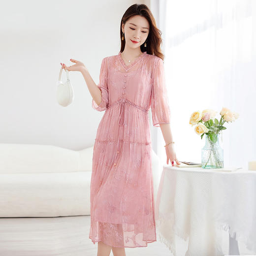 QS-82599580青珮织月丝绸国风绣花桑蚕丝连衣裙女V领中长裙女9580 商品图3