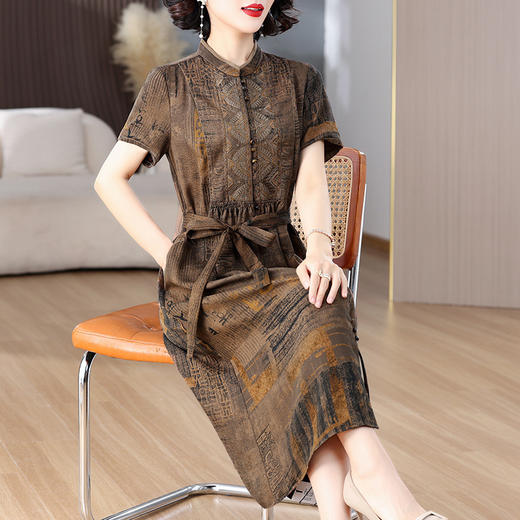 雀说复古国风印花连衣裙新款时尚优雅短袖衬衫AL9123 商品图3