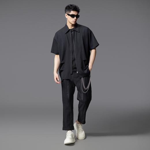 PINLI品立夏季新款设计感拼接短袖衬衫潮牌拉链宽松翻领上衣B252113039 商品图4