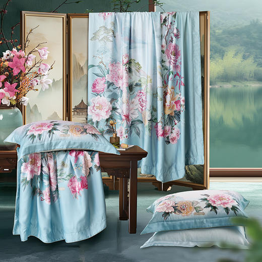 【6楼】富安娜国绣独幅床单四件\国色系列·国色天香，绿 商品图1