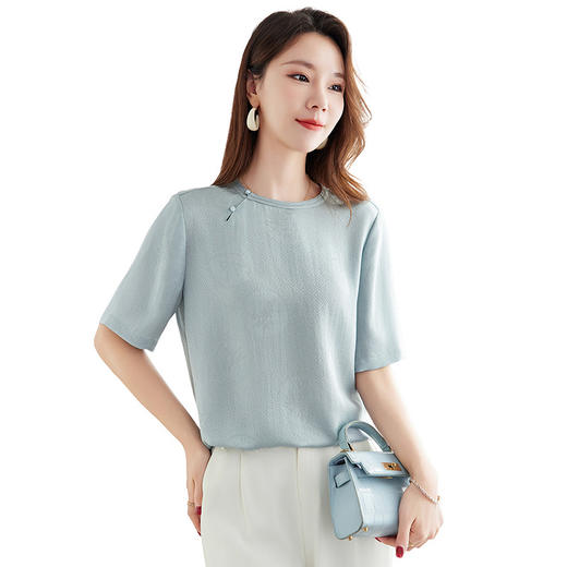 QS-12599662【100%桑蚕丝花螺】新中式国风圆领小衫女纯色宽松短袖T恤女9662 商品图4