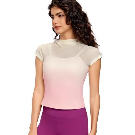 【限时秒】YOGACODE【火树银花系列】假两件瑜伽服上衣女网纱拼接透气运动短袖DWY115002 商品图3