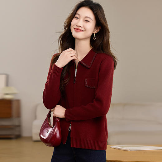 CC-22-2522双拉链翻领针织衫女2025春季新款洋气减龄毛衣开衫短外套气质上衣 商品图2