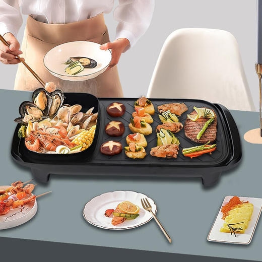 都市太太食来运转烤涮一体机家用小电烤锅涮锅多功能无烟烤肉机韩式家用电烤盘_黑色_1层 商品图2