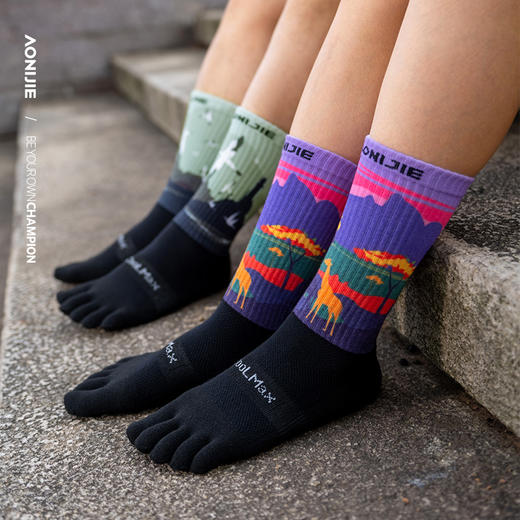 奥尼捷长筒五指袜雪山沙漠图案透气耐磨登山越野跑步徒步分趾袜/E4843 商品图6