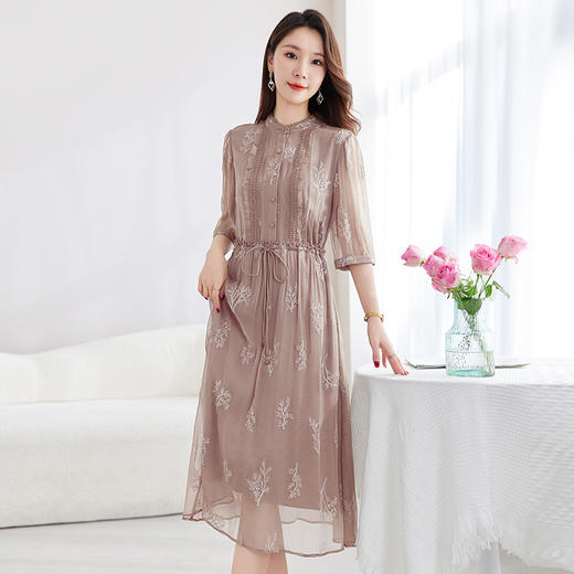 QS-82599098真丝顺宇重工绣花立领中长裙子调节腰显瘦气质桑蚕丝连衣裙女9098 商品图1