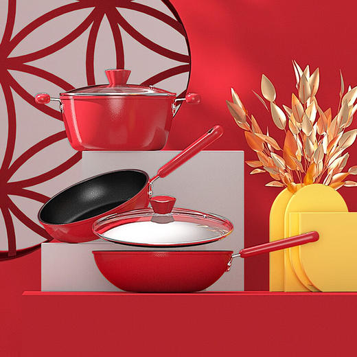 都市太太（DStt）都市太太花样年华三件套煎锅炒锅炖锅红色燃气灶电磁炉通用_红色 商品图1