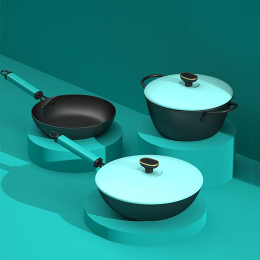 都市太太（DStt）都市太太铸铁食研三件套炒锅煎锅炖锅燃气灶电磁炉通用_天蓝色_炖煎炒套装 商品图3