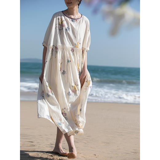 艺术家联名款 牧衣游原创印花进口匹马棉连衣裙国画文艺长裙 疏花 商品图1