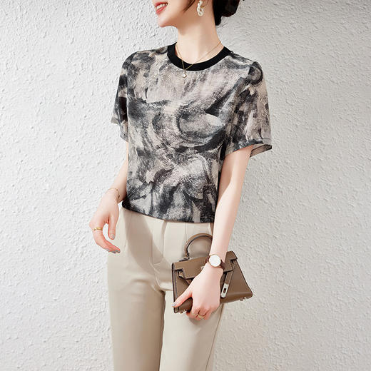丁摩韩版水墨画印花真丝短袖T恤女士新款设计感显瘦桑蚕丝上衣AL11300 商品图1