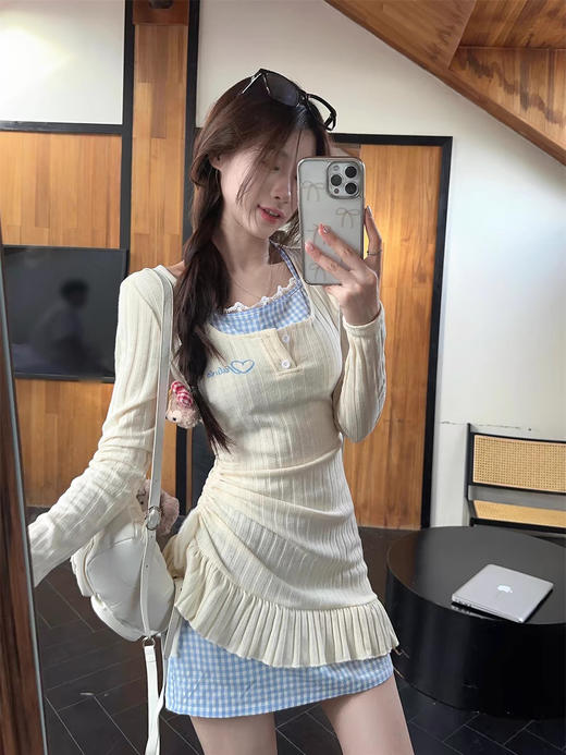 【纯欲风挂脖连衣裙】夏秋季假两件裙子 甜辣妹收腰不规则拼接叠穿短裙  商品图0