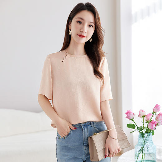 QS-12599662【100%桑蚕丝花螺】新中式国风圆领小衫女纯色宽松短袖T恤女9662 商品图2
