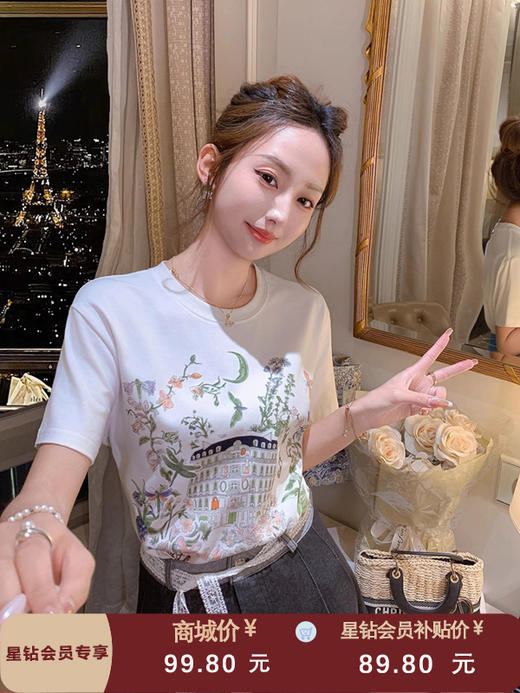 张心子【莫奈花园】夏款圆领设计感短袖T恤上衣 U2503028 商品图0