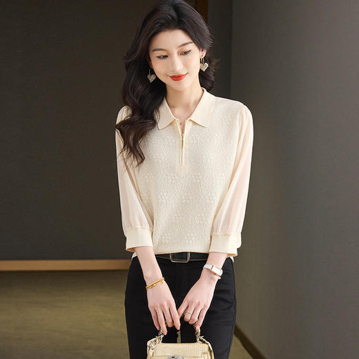 CC-ML-2589早春拼接七分蝙蝠袖t恤女2025春季新款娃娃领薄款针织衫宽松上衣 商品图0