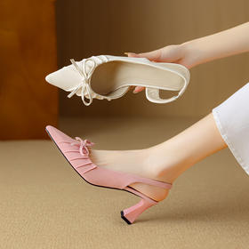 【预售5天】法式气质尖头皱褶包头，后空凉鞋蝴蝶结温柔高跟单鞋DB&M6263