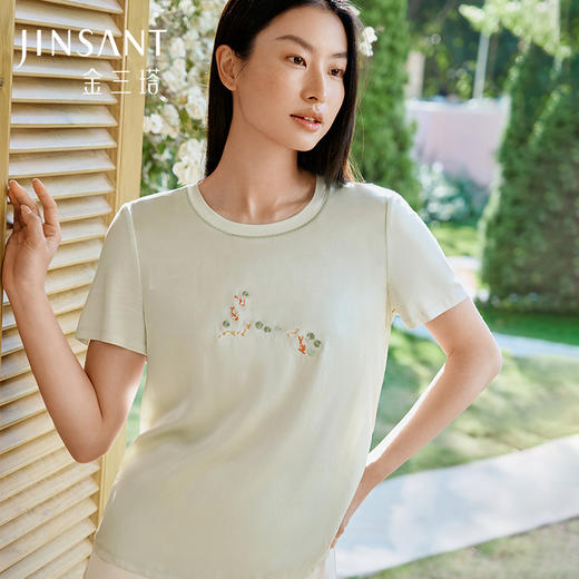 金三塔真丝小衫女100%桑蚕丝简约撞色小圆领宽松透气短袖休闲T恤  YZFFB703 商品图0