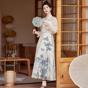 新中式风套装复古轻奢印花吊带长裙两件套ZMFS24317