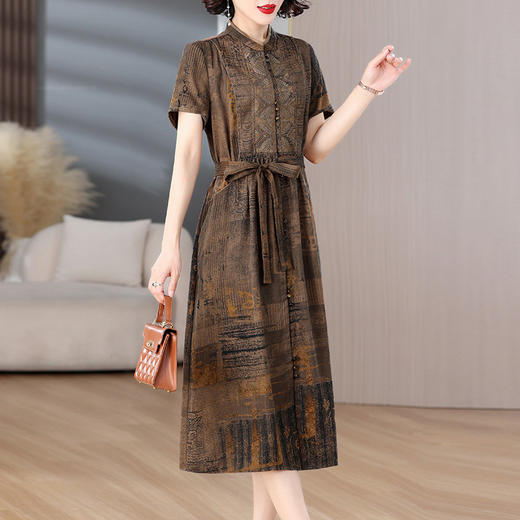 雀说复古国风印花连衣裙新款时尚优雅短袖衬衫AL9123 商品图1