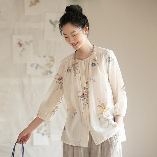 艺术家联名款 牧衣游原创印花匹马棉衬衫轻薄国画文艺小衫 清阳 商品图0