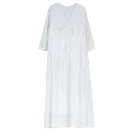 牧衣游原创 机绣炒色苎麻连衣裙新款显瘦V领七分袖宽松长裙 照水 商品图4