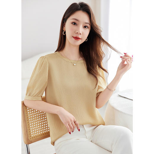 QS-12599320【真丝冠乐绉】桑蚕丝肌理感打底衫气质圆领上衣提花T恤女9320 商品图1