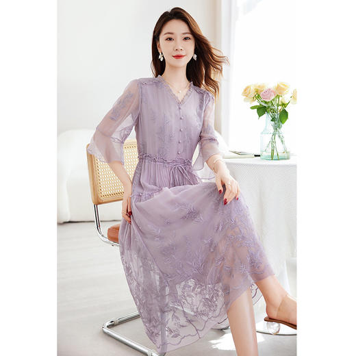 QS-82589180丝绸高端真丝绣花中长裙气质显瘦大码100%桑蚕丝连衣裙女9180 商品图2