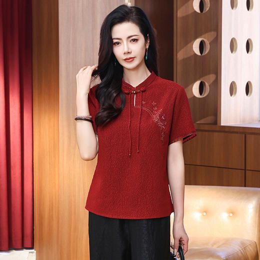 丁摩冠乐绉香云纱国风女装修身洋气质减龄真丝短袖t上衣AL221825 商品图5