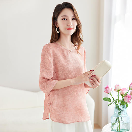 QS-12599090【传统花螺炒色】新国风桑蚕丝小衫上衣女气质韵味显瘦打底衫9090 商品图1