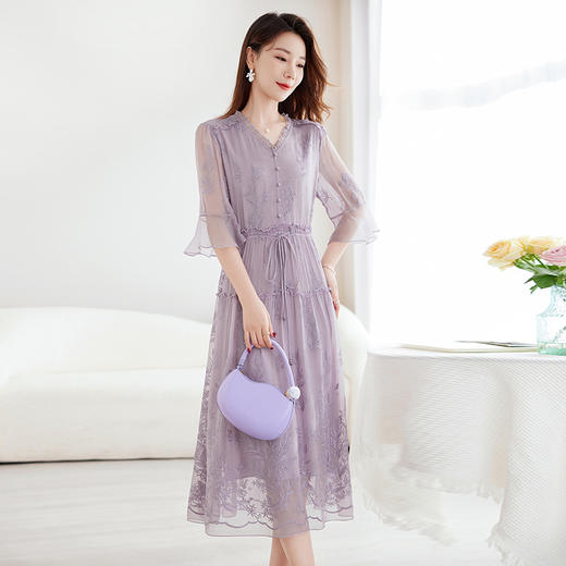 QS-82589180丝绸高端真丝绣花中长裙气质显瘦大码100%桑蚕丝连衣裙女9180 商品图0