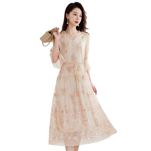 QS-82589066非遗绣花真丝女装V领气质中长A字裙高端100%桑蚕丝连衣裙9066 商品图4