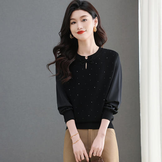 CC-5-6357洋气圆领镶钻长袖针织衫女士2025新款春秋宽松拼接遮肚雪纺上衣服 商品图2