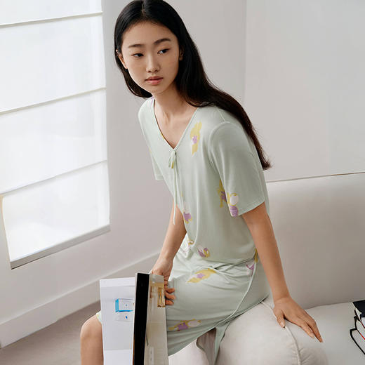 深睡眠蚕丝睡衣】真丝针织睡衣100%桑蚕丝女短袖睡裙家居服金三塔    YZFFB301 商品图1