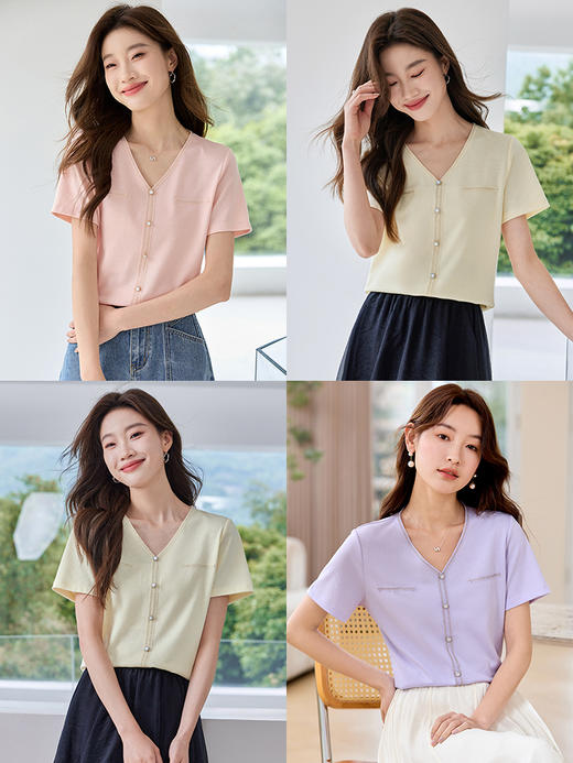 【专属特价】熙世界小香风织带针织T恤女短袖2025夏季新款气质时髦紫色V领上衣母亲节首选 商品图1