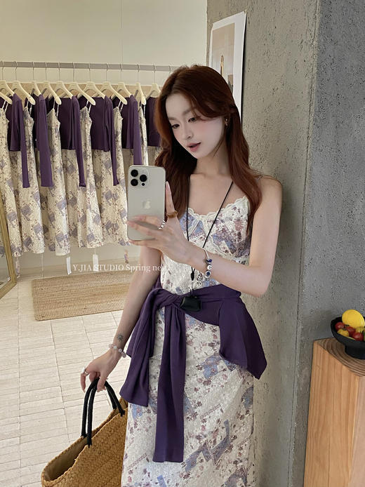 【GZ】无忧购米洛斯游记法式复古气质印花连衣裙+简约百搭开衫套装1123-5（截单后7天发货) 商品图1