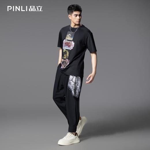 PINLI品立2025夏季新款男士圆领落肩印花短袖T恤上衣BG252111019 商品图2