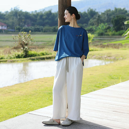 绽放旅行女装083朵/亚麻棉宽松直筒撞色系带松紧腰吸湿透气长裤 商品图1